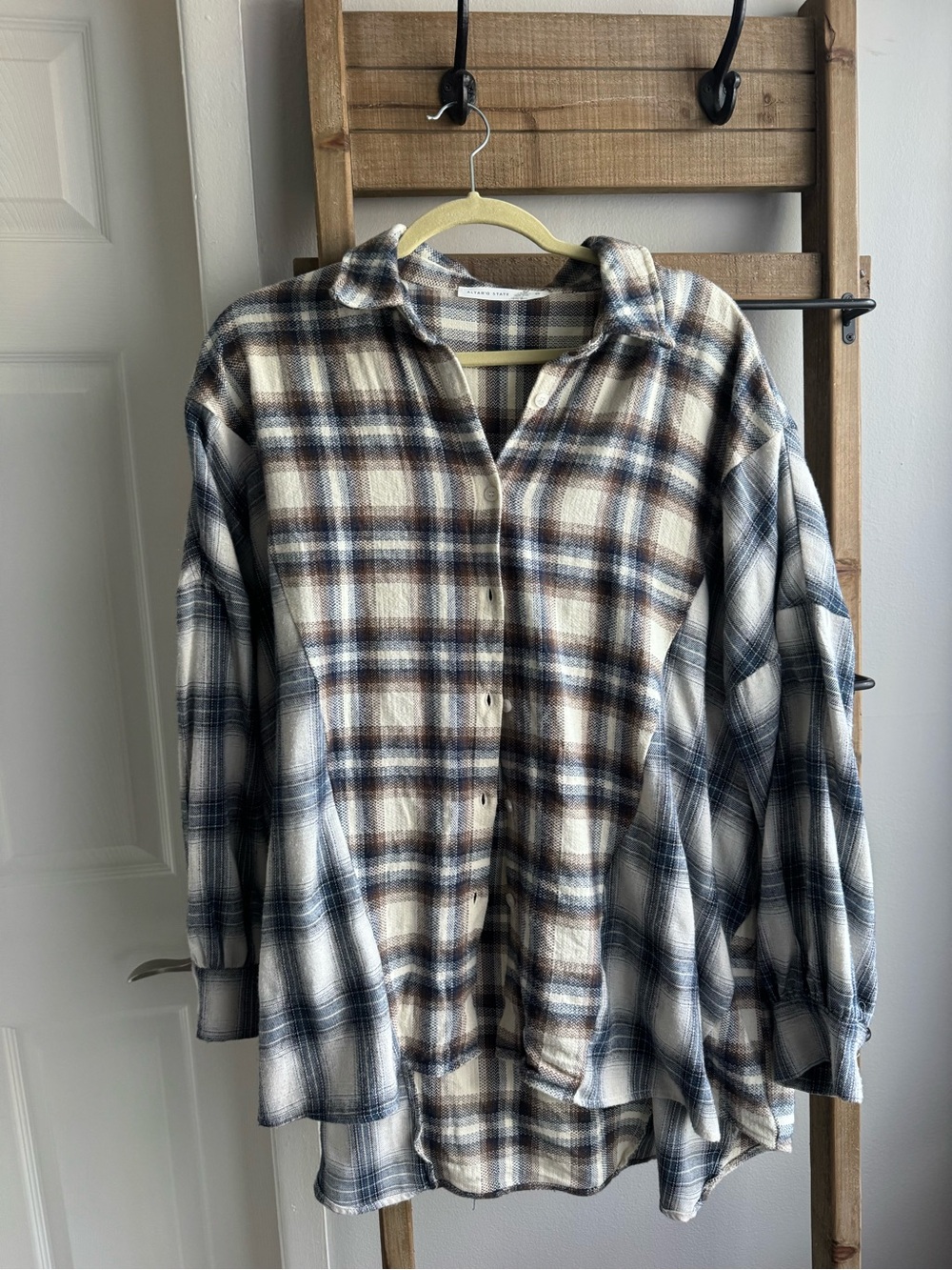 Altar'd State Men's Plaid Button-Down Shirt in Cream, Brown, and Navy
